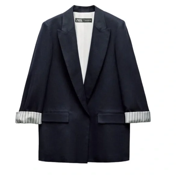 ZARA LINEN BLEND ROLL UP SLEEVE OPEN FRONT BLAZER BLACK SIZE L - Picture 2 of 8